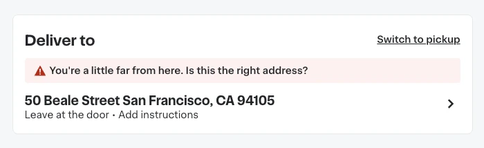Shows an Instacart delivery address card showing 50 Beale Street San Francisco, CA 94105 with a warning that the address is far from the store.